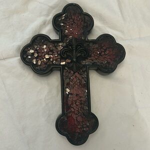 Wooden cross with red glass accent and fleur-de-lis